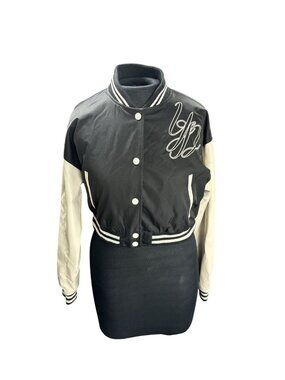 Forever 21 Womens Black & White Cropped Varsity Jacket With Embroidered Logo Siz
